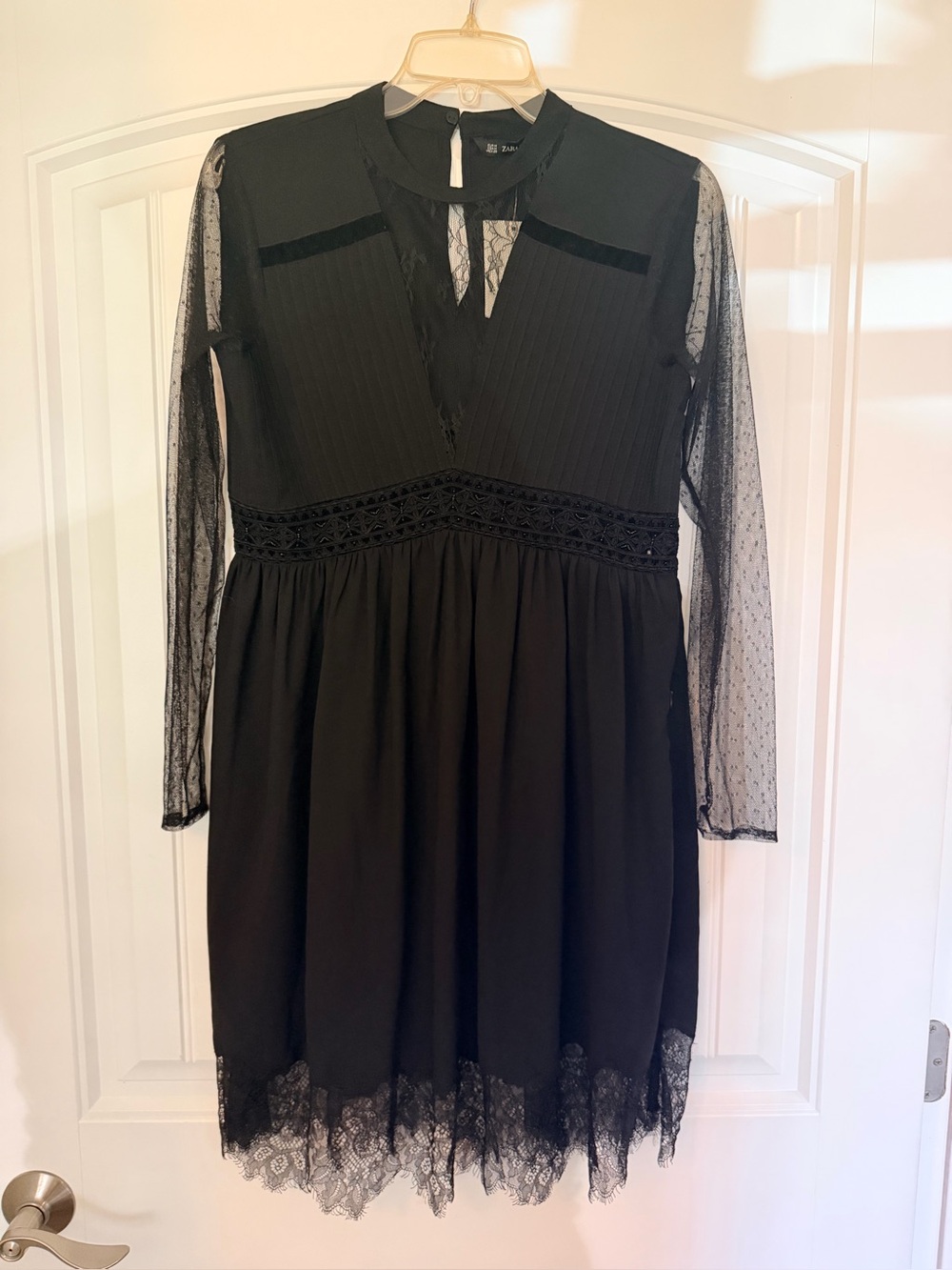 Zara Black Ribbed Top with Sheer Lace Detail